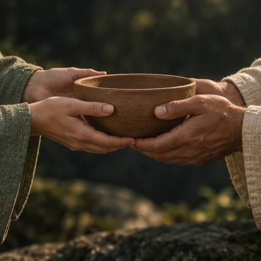 Two people gently share a plain clay bowl