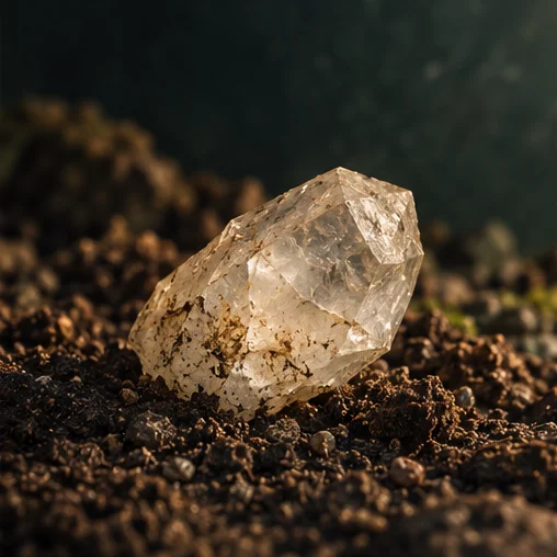 A small natural mineral crystal resting on earth