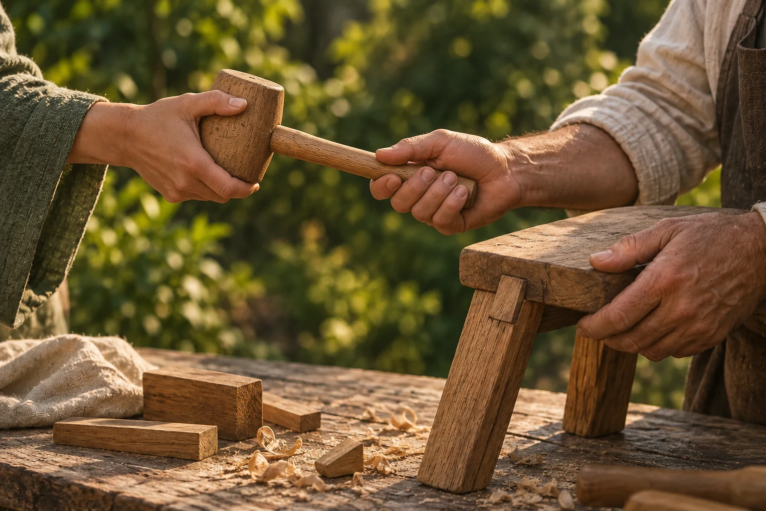 A blunt wooden mallet is voluntarily lent handle-first for a stool repair