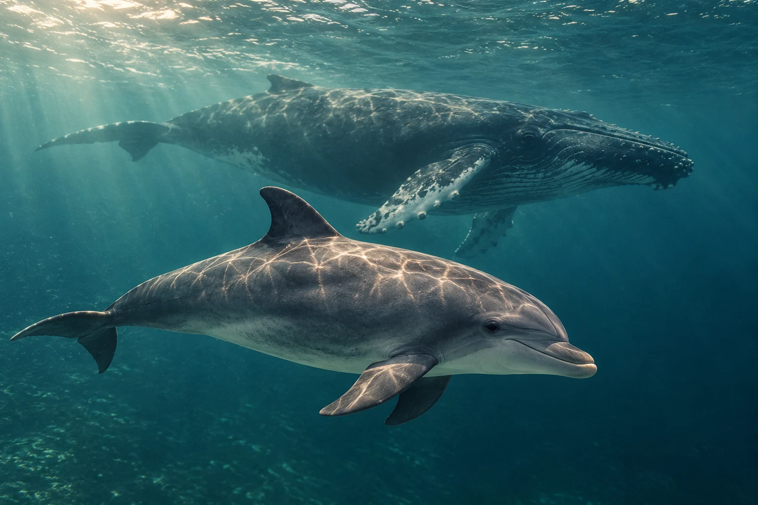 Dolphin and humpback share open water: editorial depiction, not a documented contact event.