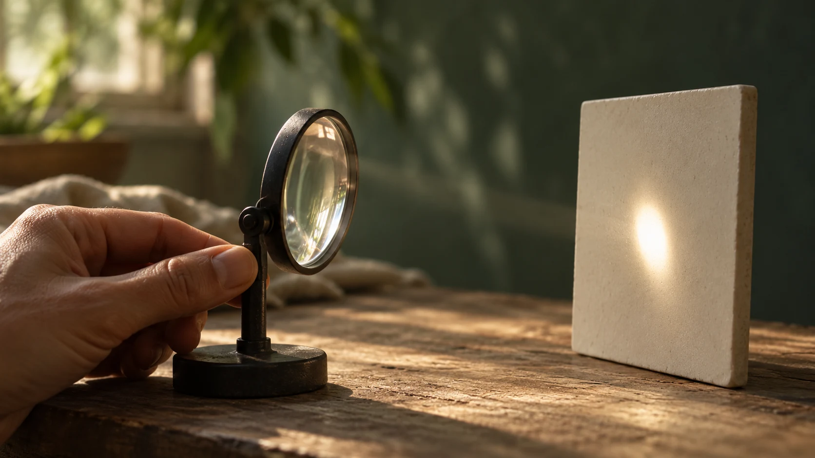 A hand adjusts an ordinary glass lens that concentrates daylight onto a plain ivory tile