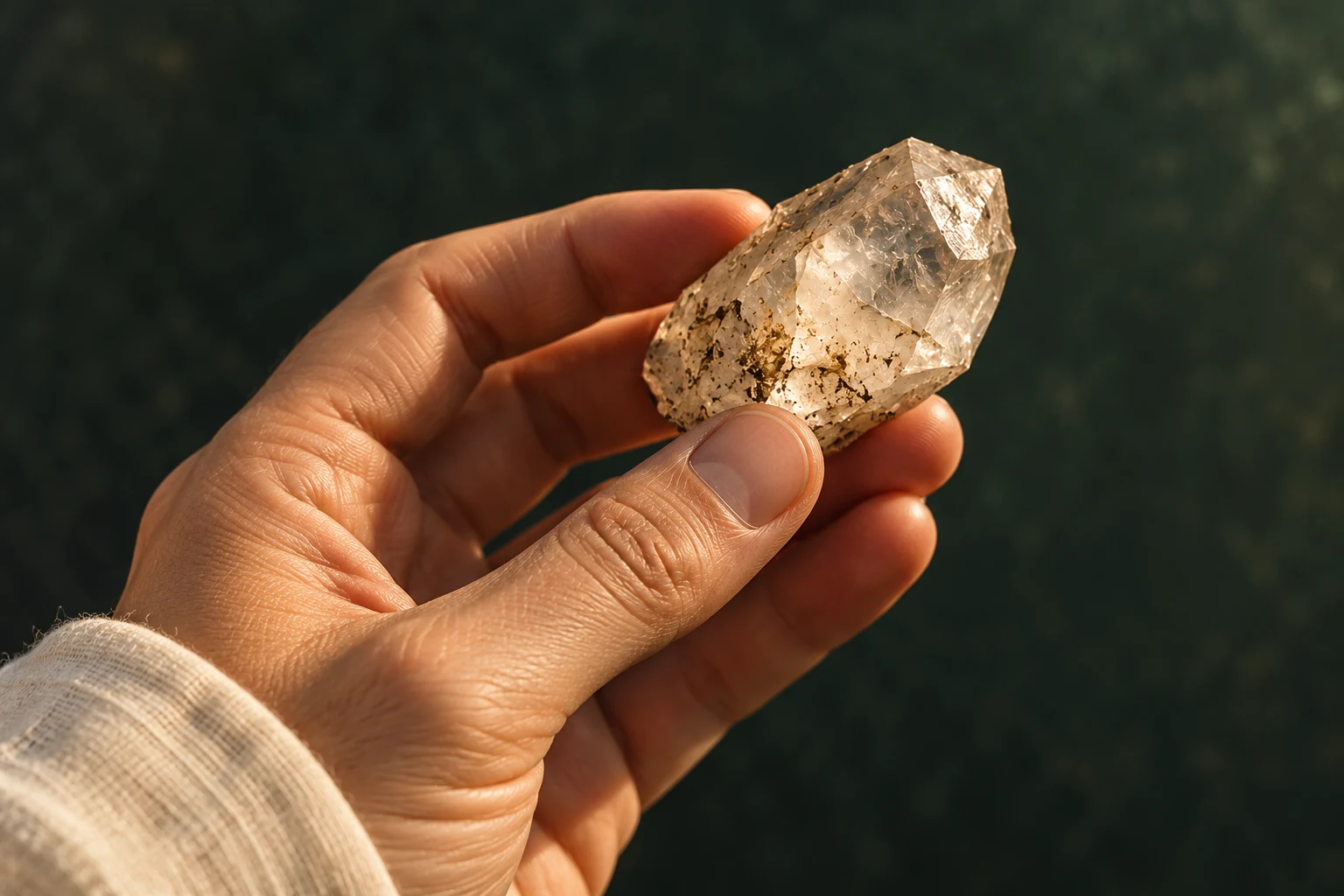 An ordinary hand examines a small natural quartz crystal in soft daylight