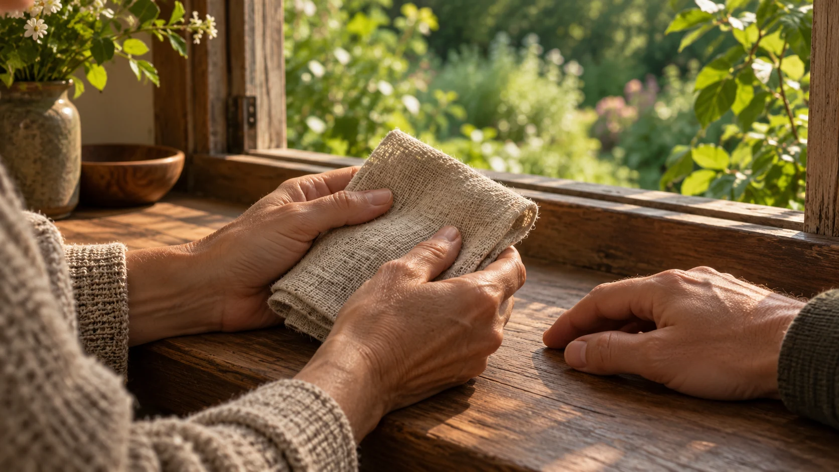 A person holds a plain linen keepsake by an open garden window with another hand resting nearby