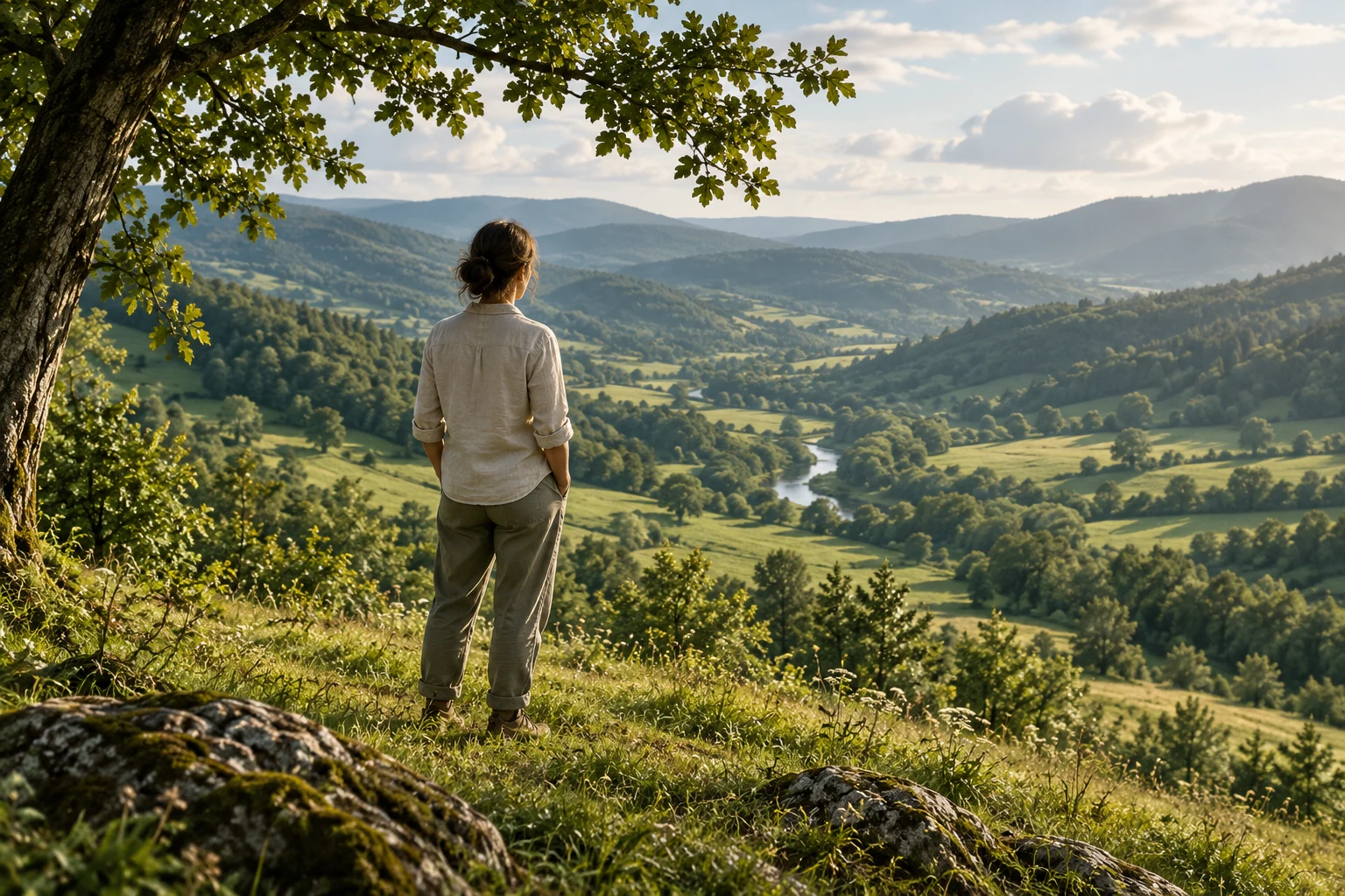 A learner on a gentle hill looks over a continuous green valley and stream