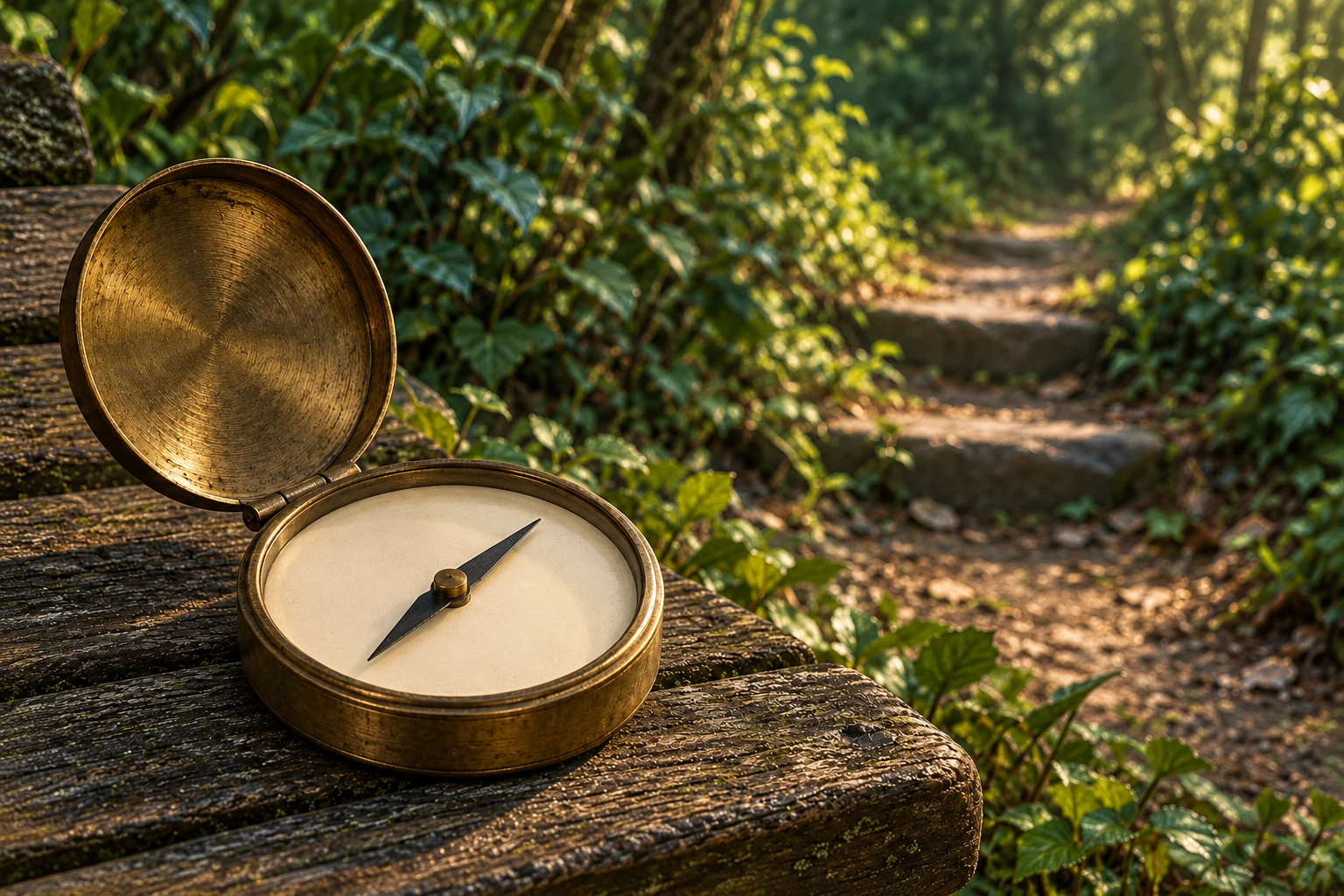 An unmarked compass points toward a doable nearby action, without a pictured reward.