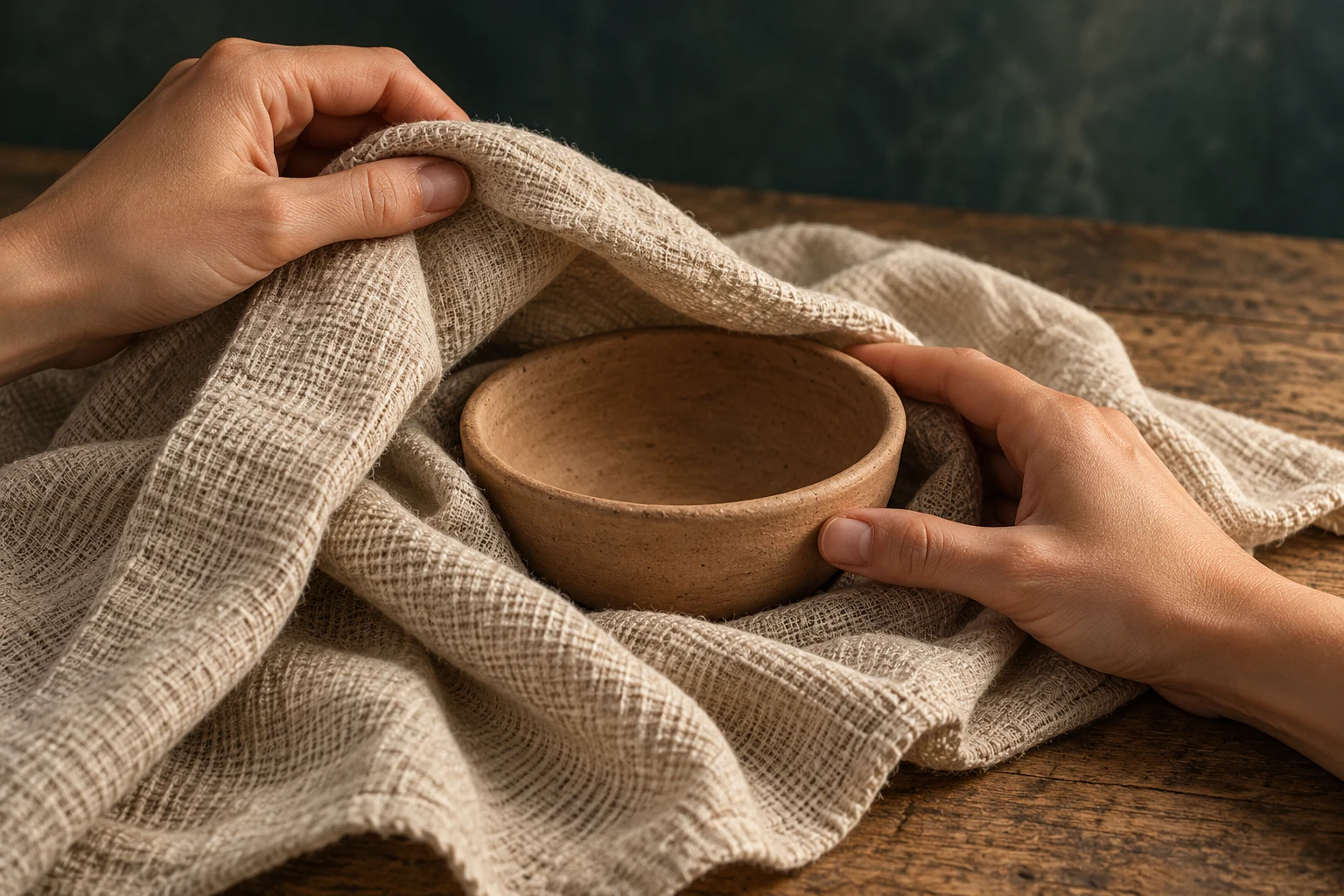 Hands unfold linen to examine what is underneath: clearing judgment to find the underlying definition.