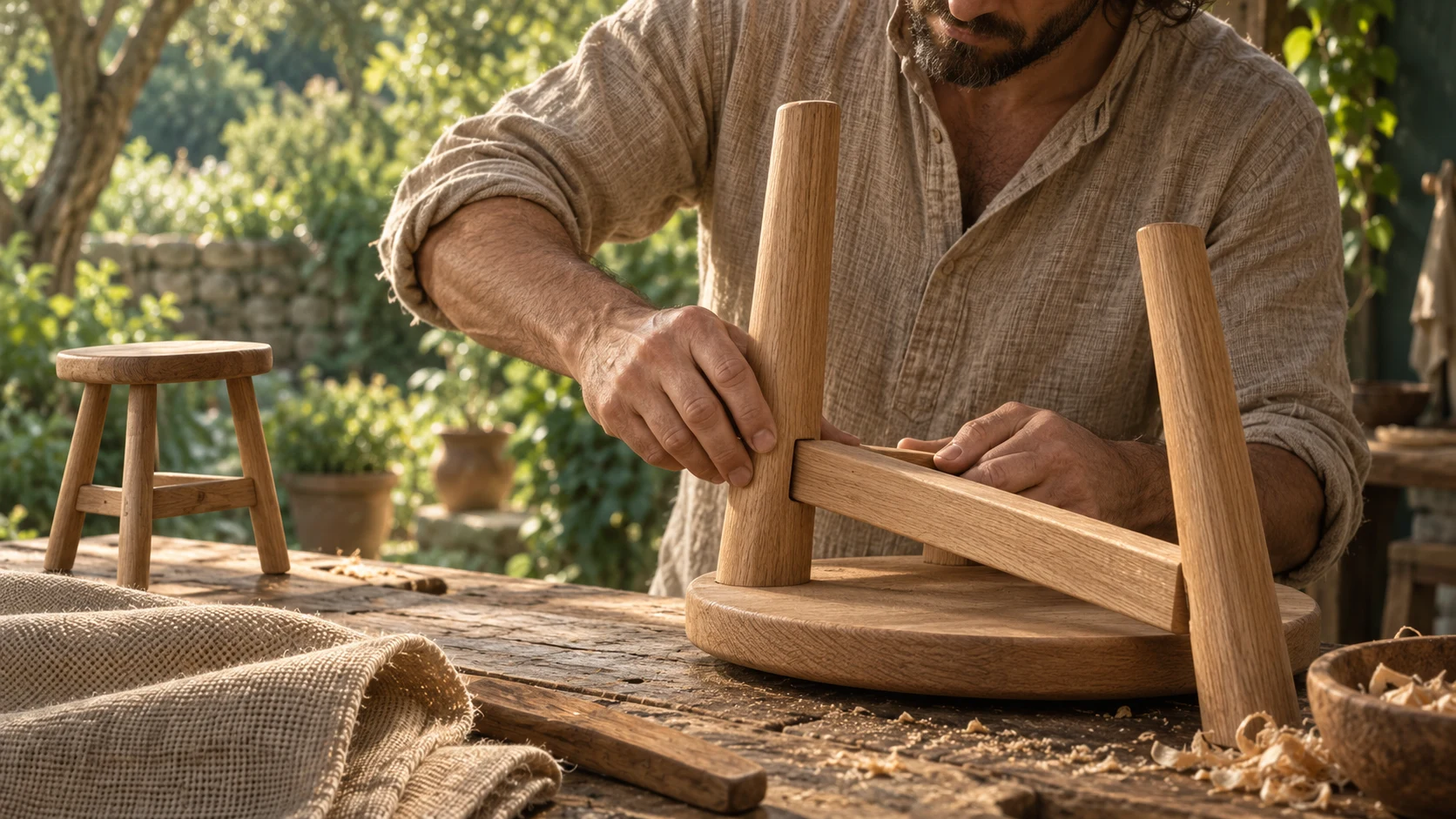 A maker assembles a real stool beside a small wooden model of a different stool