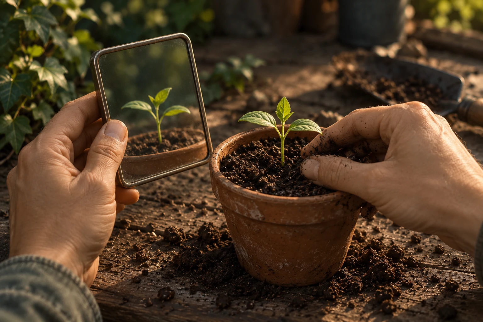 A reflected seedling connects a pictured possibility with tending the real plant.