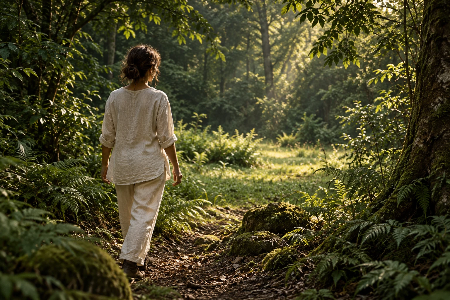 A learner calmly approaches an unfamiliar woodland opening