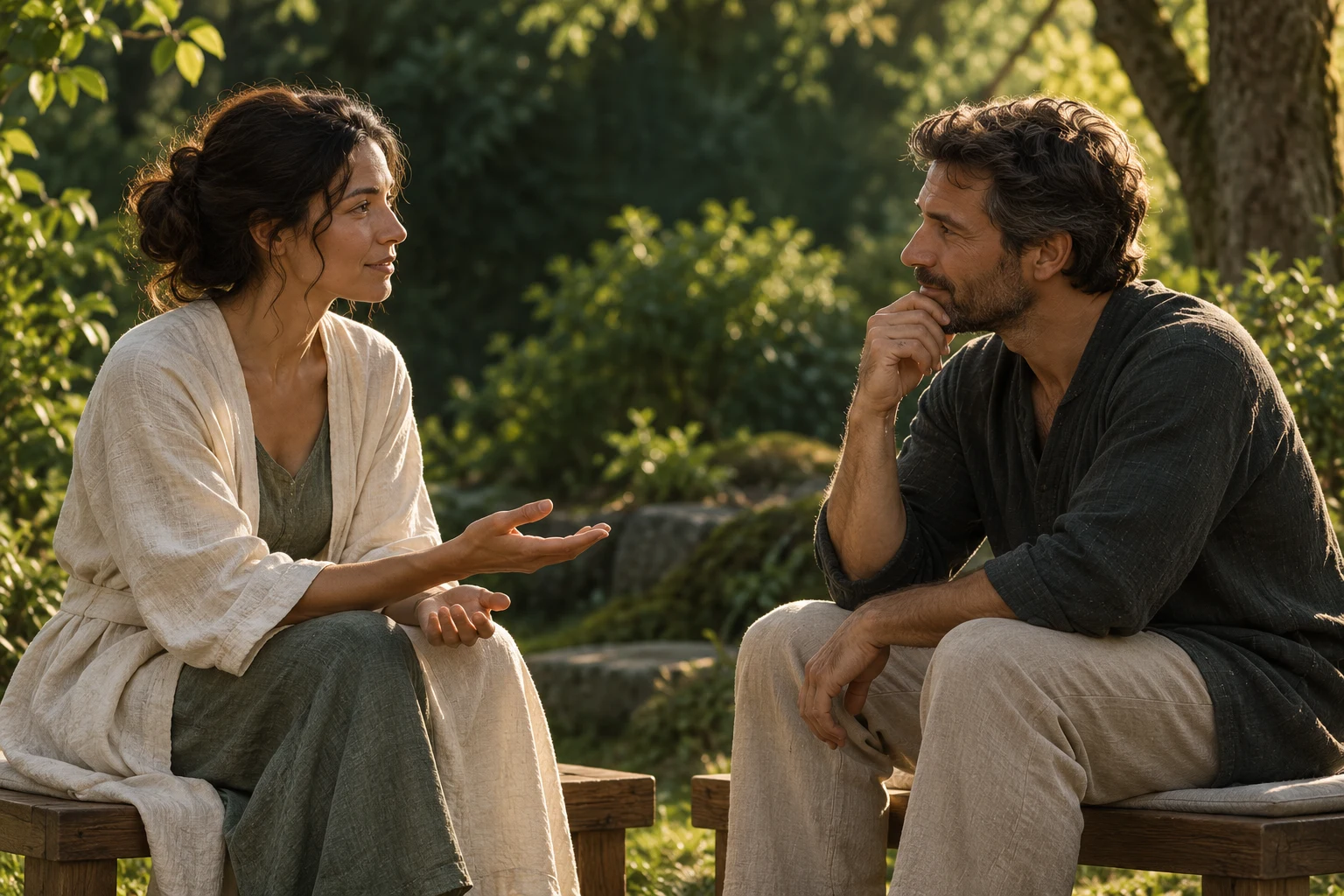 Two adults sit at equal height in a respectful garden conversation