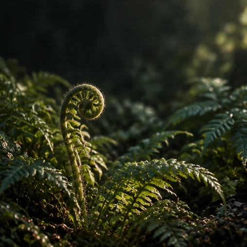 A young fern unfurls in a quiet green grove